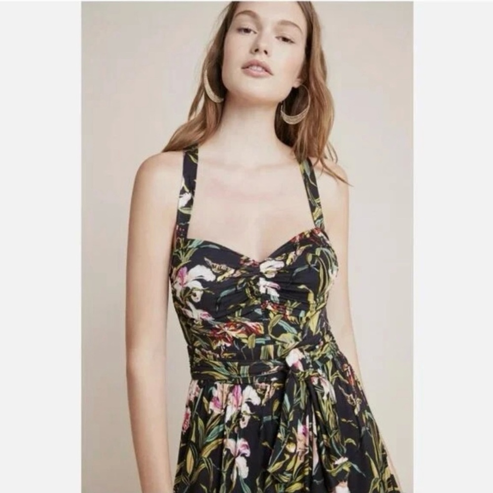 Anthropologie Maeve Gabriela Ruffled Black Floral Tropical Maxi Dress XS